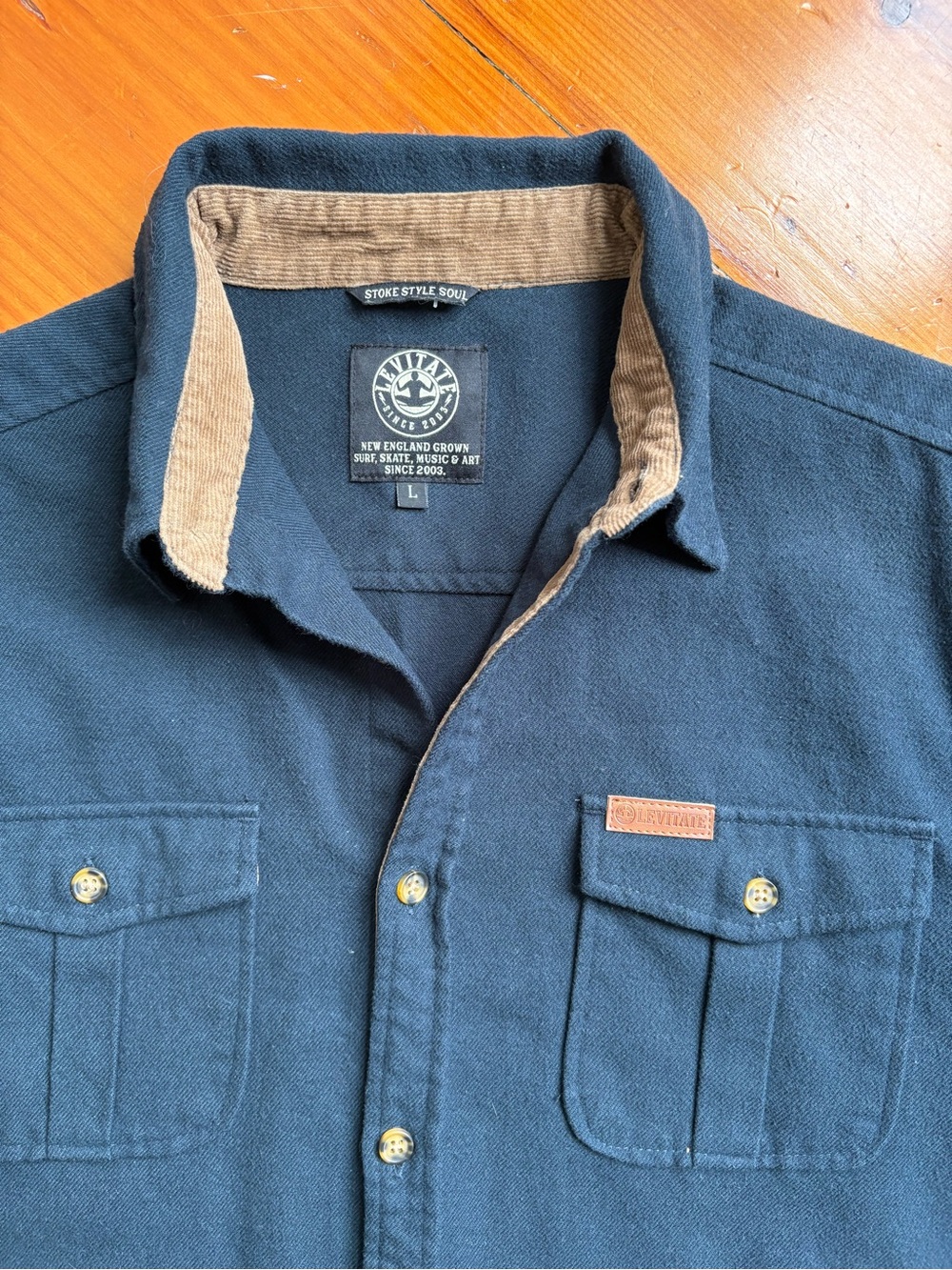 Levitate navy brushed heavy flannel Corduroy-Trim Casual Button-Down Shirt